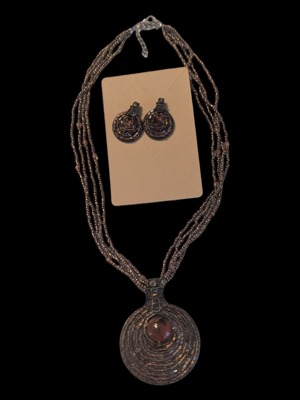 VTG Boho BEST 4 Strand Amber Seed Bead Pendant Necklace & Pierced Earrings Set